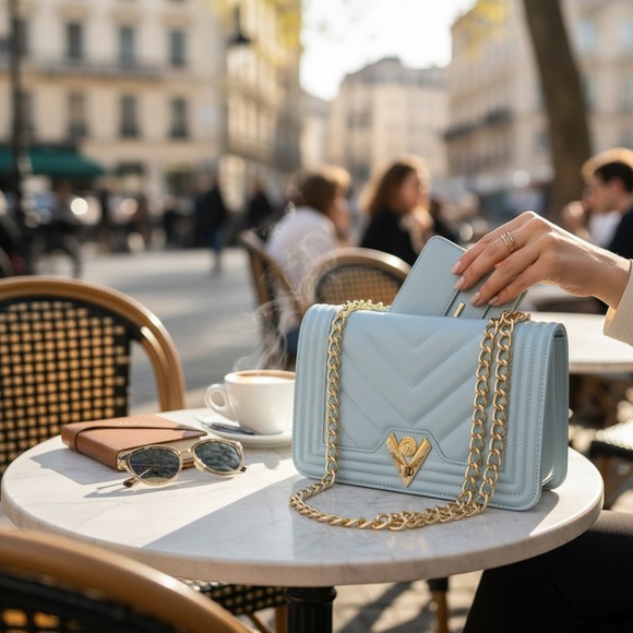 Valentino Orlandi Handbags - Valentino Orlandi Light Blue Quilted Chain Shoulder Bag Coquette Old Money Chic